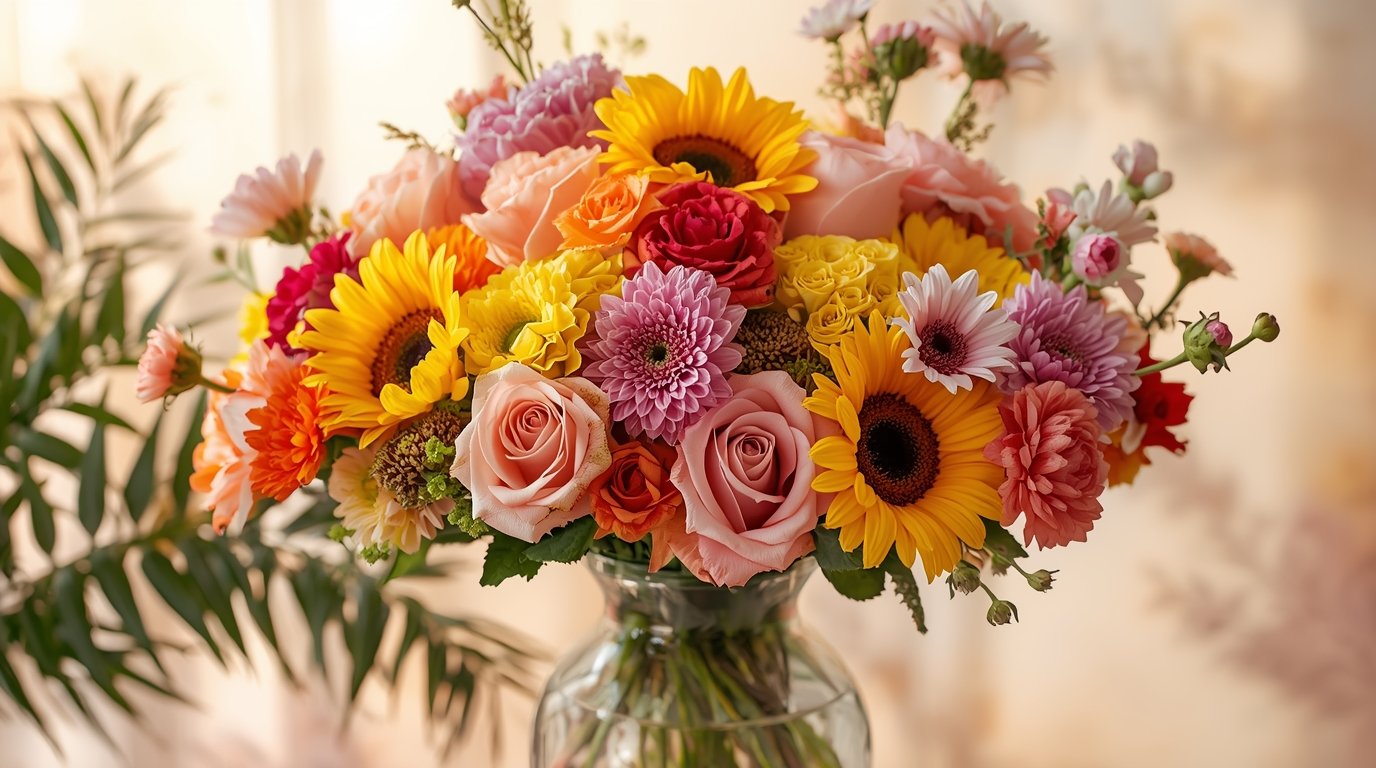 Kaunis kesäkimppu värikkäillä kukilla