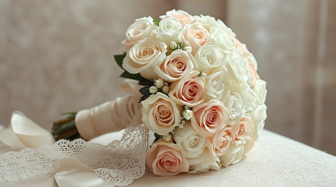 Klassinen morsiuskimppu ruusuilla ja pitsinauhalla